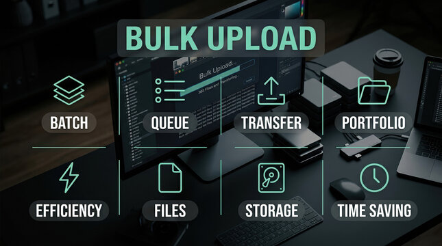 Bulk upload data management concept, batch file transfer and storage efficiency icons, digital portfolio queue and time saving workflow on desk