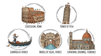 Famous Italian Landmarks Collection: Colosseum, Pisa Tower, Gondola, Florence Cathedral, Venice Bridge © Salon