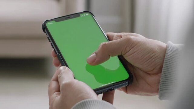 Person holding a smartphone with a green screen, ready for customization