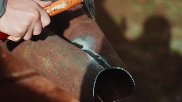 Closeup of worker using hammer to remove slag from freshly welded steel pipe. Detailed metalworking process highlights weld finishing, quality inspection and preparation of durable structural joints.