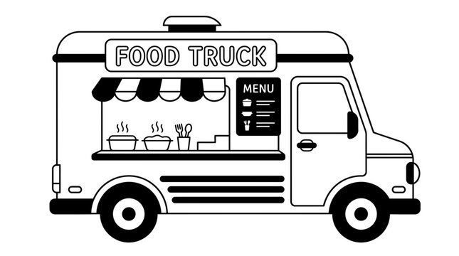 Food truck icon, black and white line art, mobile kitchen, street food