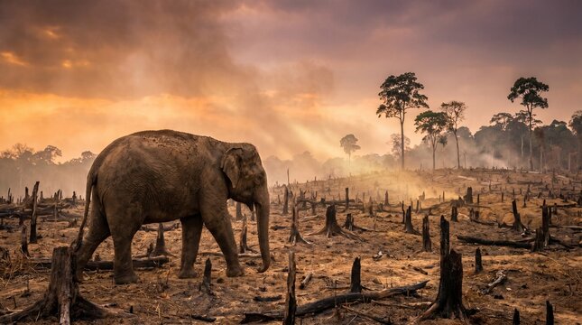 Elephant walking through deforested landscape at sunset