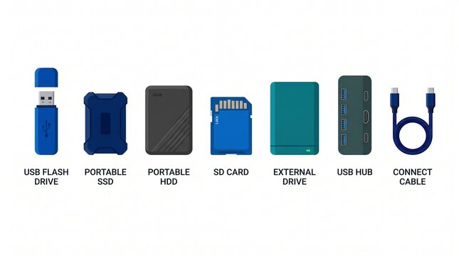 Collection of digital storage devices and accessories including USB flash drive portable SSD HDD SD card external drive USB hub and connect cable