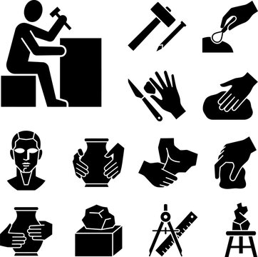 Sculptor working with hammer and chisel creating artwork hands shaping clay statue artist tools bust vessel rock abstract design elements.