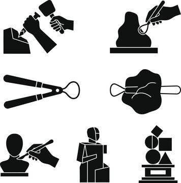 Sculpting tools set icons vector collection featuring professional equipment for clay and stone modeling including chisels mallets and bust figures for creative studio.