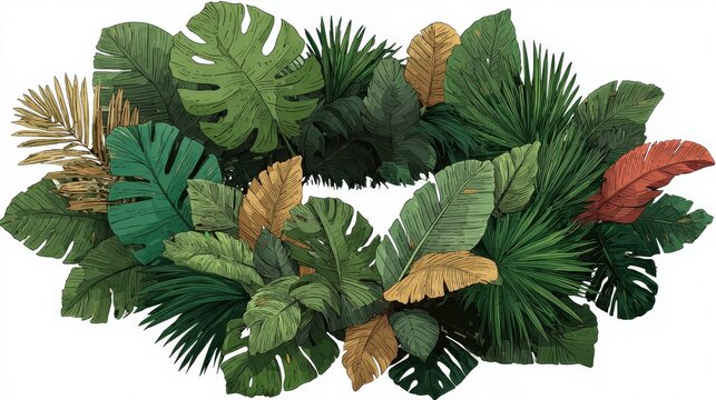 Simple clipart illustration of a ring made of savanna and jungle leaves with clear outlines on white background, minimal flat design for nature, tropical, and botanical concepts