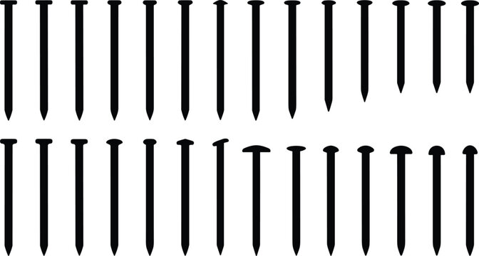 Vector Collection of Nail Types and Head Shapes Isolated Construction Hardware Silhouette Illustration Set