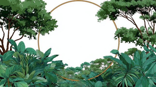 Simple clipart illustration of a ring made of savanna and jungle leaves with clear outlines on white background, minimal flat design for nature, tropical, and botanical concepts