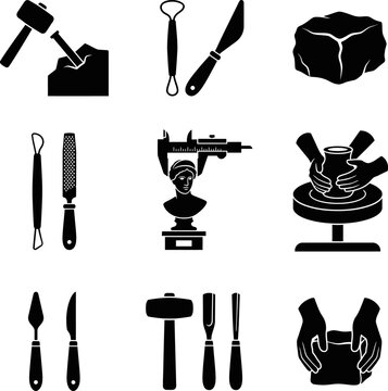 Set of black icons representing sculpting and pottery workshop tools clay processing instruments art production equipment for ceramics carving and clay modeling.