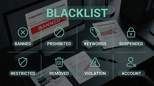 Blacklist digital interface with banned account icons, prohibited content violation on computer screen, restricted access and suspended user concept