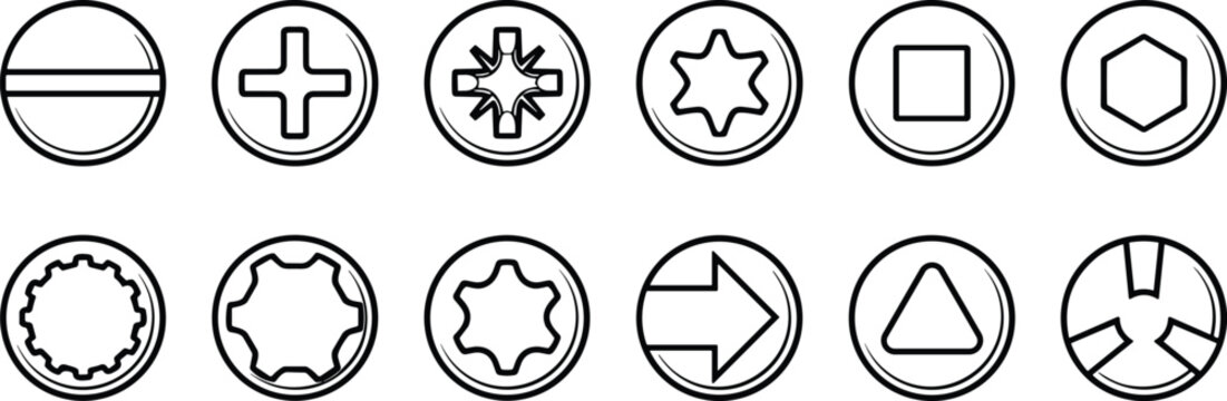 Vector Set of Screw Drive Head Types and Fastener Socket Icons for Engineering and Technical Design