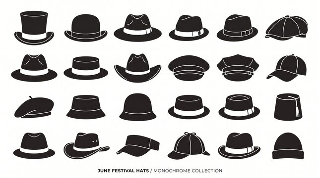 Collection of Monochrome Hat Silhouettes Featuring Top Hats Fedoras Berets Caps and More