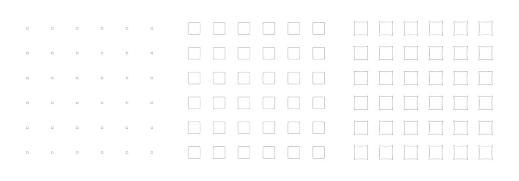 Modern geometric pattern set with three types of tiny puffy and pinched squares