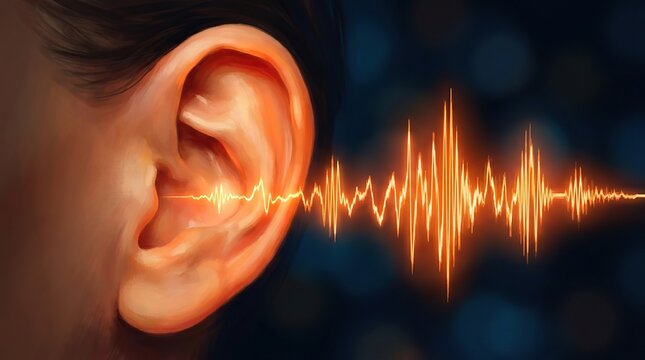 Close up of a human ear with an artistic representation of sound waves in vibrant orange illustrating auditory perception and the beauty of hearing against a blurred dark