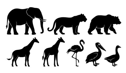 Elephant tiger bear giraffe flamingo pelican and goose silhouette vector set isolated on white background © abdul