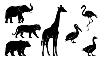 Wildlife animal silhouette collection with elephant tiger bear giraffe flamingo pelican and goose © abdul