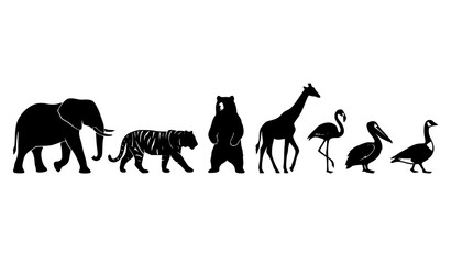 Black wildlife silhouette vector assortment featuring elephant tiger bear giraffe flamingo pelican and goose © abdul