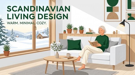 Fototapeta premium Scandinavian Living Design Cozy Winter Scene Woman Reading Book on Sofa Warm Minimalist Home Interior