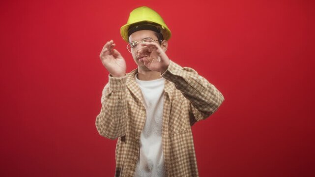Man in yellow hardhat clutching fists to chest and wincing with closed eyes against red studio wall; anxiety.