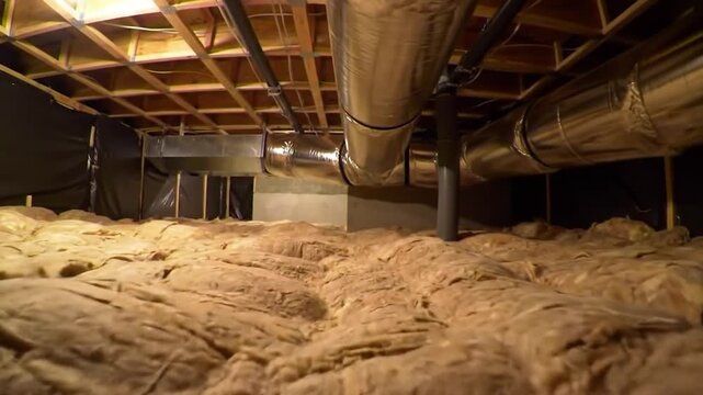 Insulated HVAC ductwork and fiberglass floor insulation in a residential crawl space under construction