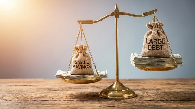 Balancing financial concepts a scale weighs small savings against large debt with natural lighting and a textured wooden background for a thought provoking economic perspective