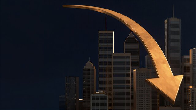 Golden arrow points down over city skyline symbolizing decline or