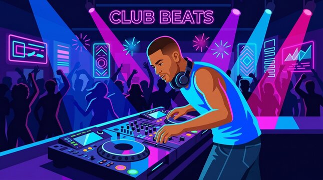 DJ playing music at a vibrant nightclub with a dancing crowd and neon lights