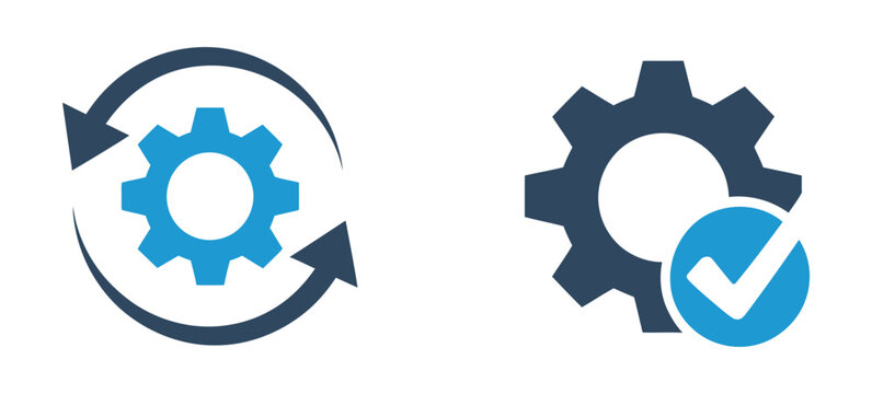 Sync process icons featuring reload arrows, gear wheels, updates, and checkmarks.