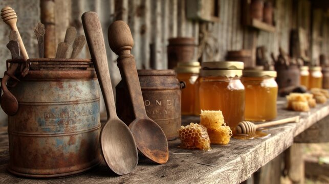 Rustic Kitchen Scene with Honey Jars, Wooden Spoons, and Old Containers on Weathered Wooden Table in a Country Setting