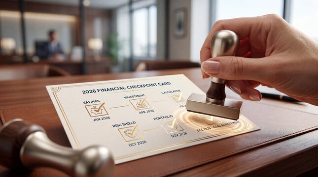 Hand stamping 2026 financial checkpoint card on office desk