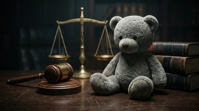 A soft gray teddy bear sits thoughtfully in a dimly lit courtroom setting surrounded by law books and a gavel symbolizing childhood innocence amidst serious legal themes
