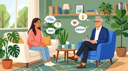 Fototapeta premium Psychologist counseling a young woman in a therapy session discussing mental health trust and empathy with thought bubbles
