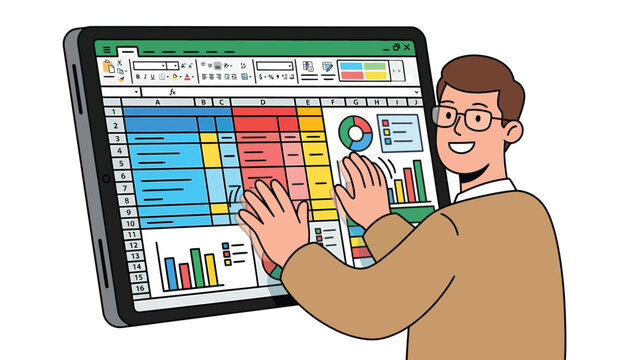 Man interacting with a digital spreadsheet on a large tablet screen, showing charts and data analysis.