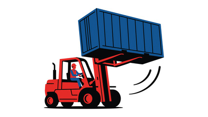Naklejka premium Red forklift truck lifting a large blue shipping container with a worker inside the cabin.
