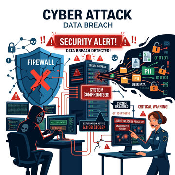 Cyber attack data breach with hacker and security alert