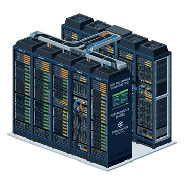 Isometric supercomputer cluster with multiple server racks