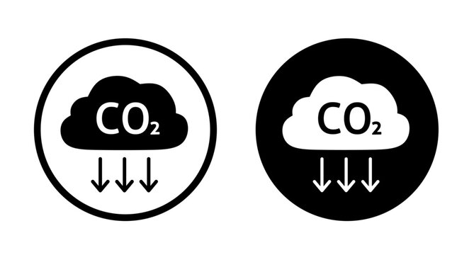 Black and white carbon dioxide cloud icons with downward arrows representing emissions and storage