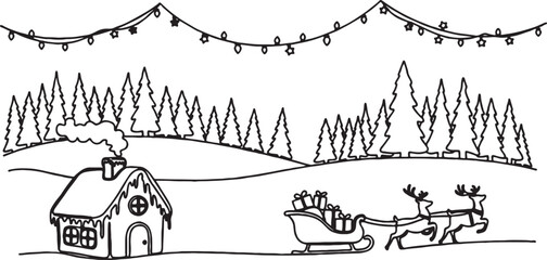 Christmas scene with snow-covered house christmas lights sleigh line art black and white chimney smoke winter wonderland white background no people christmas reindeer landscape © MSTESIRON