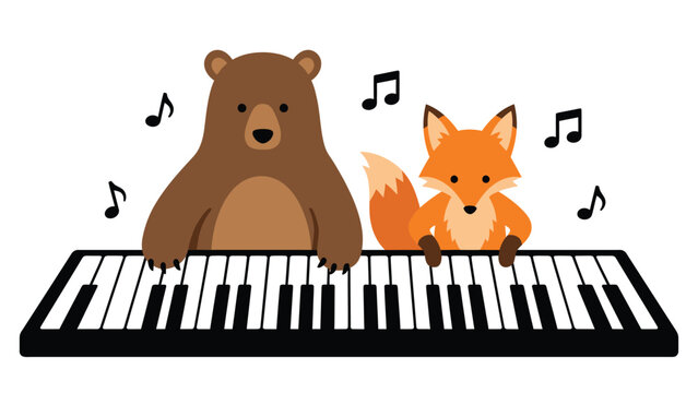 Cute bear and fox playing a piano together with musical notes floating around them.