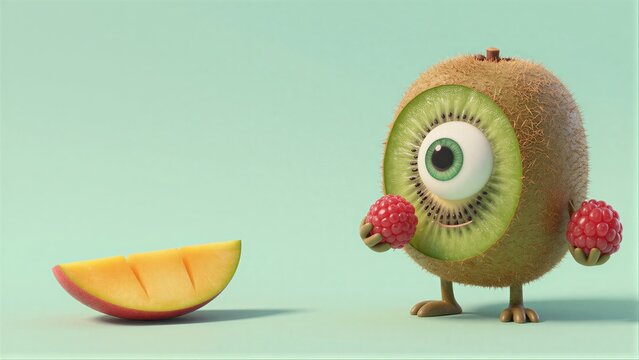 A cute kiwi character holds raspberries smiling beside a sliced mango.