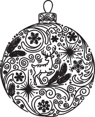 Christmas bauble with deer and snowflakes line art black and white holiday season winter decor christmas tree merry christmas ornate design hand drawn christmas ornament reindeer © MSTESIRON