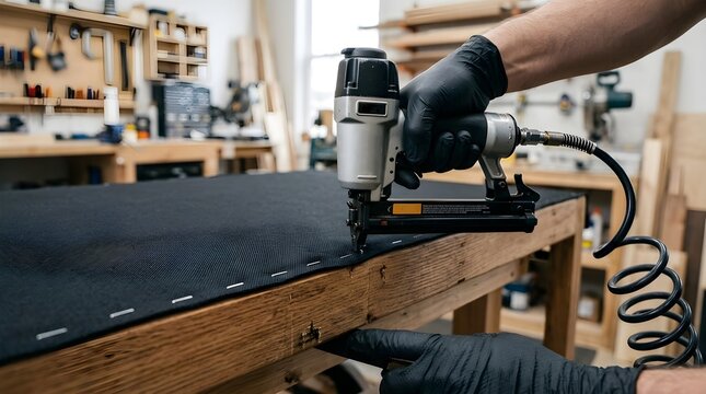 Professional Upholstery Work with Pneumatic Staple Gun on Furniture Frame