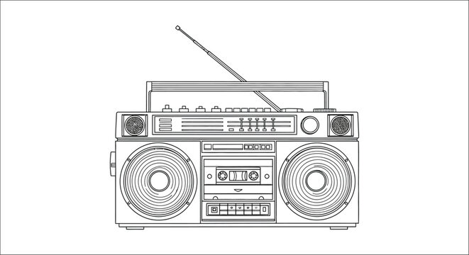 Boombox Line Art Illustration With Antenna A Retro Audio Player On A White Background ghetto blaster