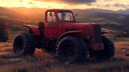 Fototapeta premium Rustic red tractor sunset farmland