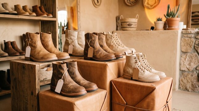 Brown boots on display in store.
