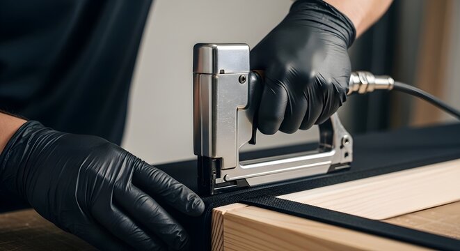 Professional Upholsterer Using Pneumatic Staple Gun for Furniture Assembly