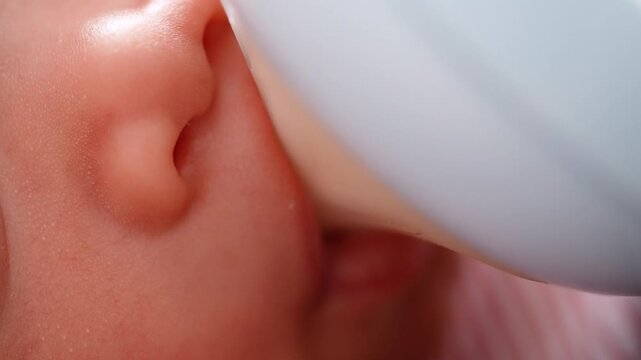 Extreme Close Up of Newborn Baby Sucking on Bottle Nipple
