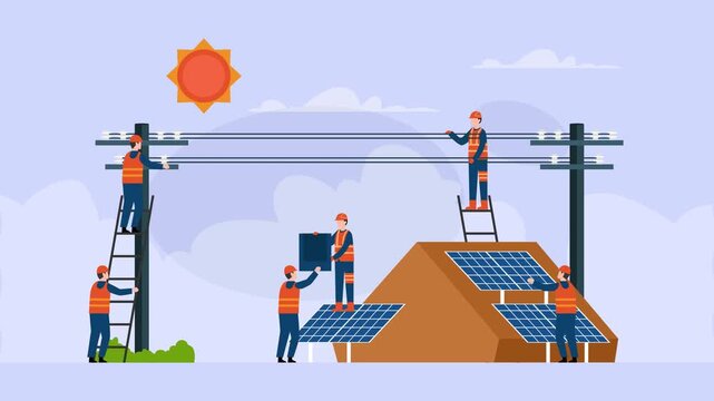 Solar Panel Installation and Electrical Power Line Maintenance Team on Residential Building cartoon animation