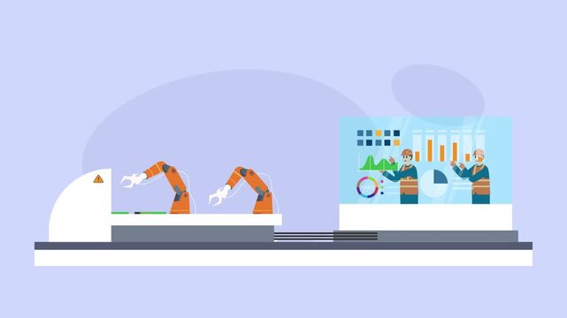 Smart Factory Automation: Robotic Arms and Engineers Monitoring Data Dashboard cartoon animation