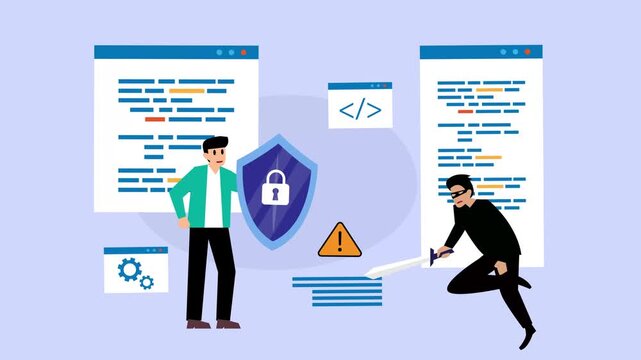 Cyber Security Concept with IT Professional Defending Against Hacker Attack cartoon animation
